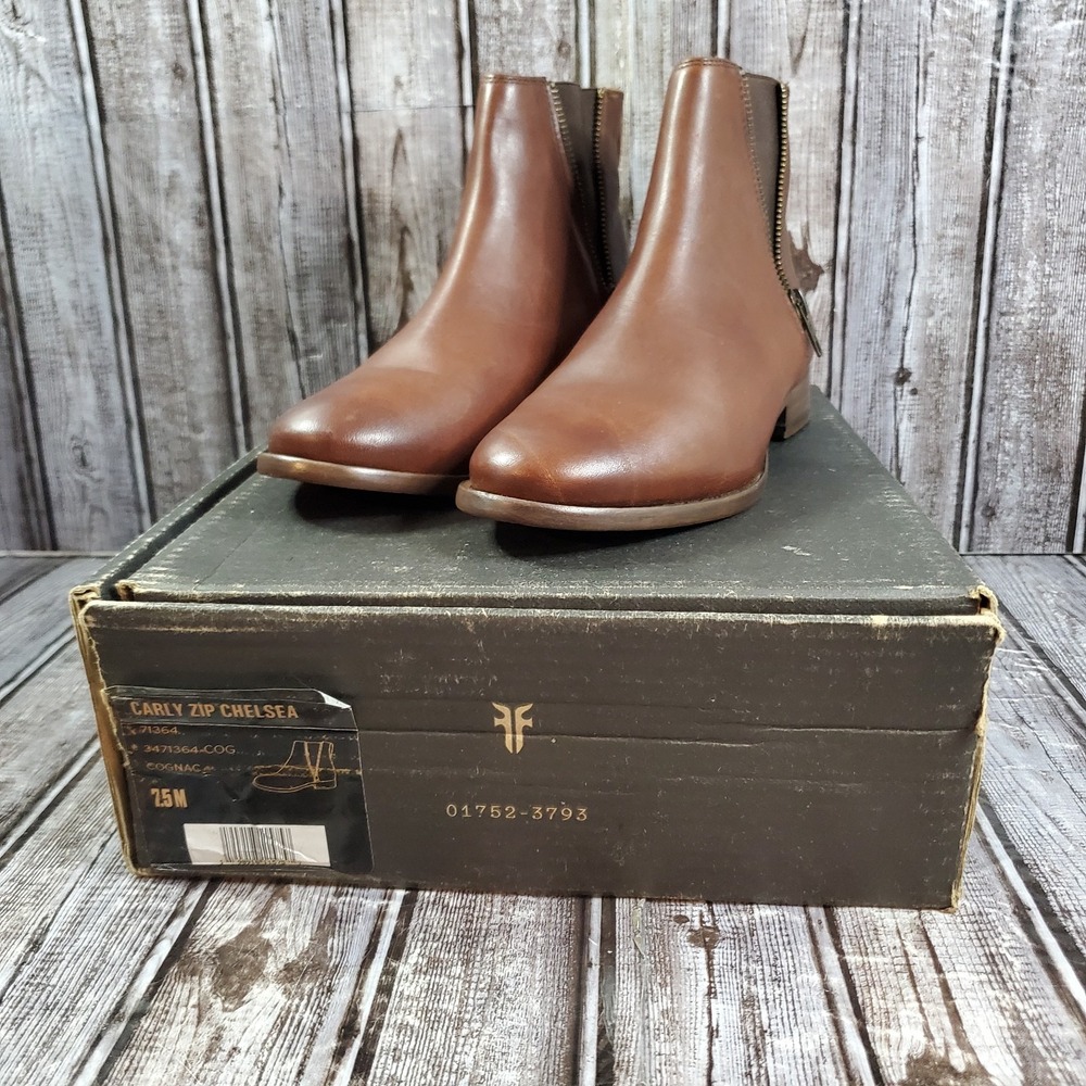 FRYE Women's Carly Chelsea Ankle Boots Cognac Brown Double Faux Zip Size 7.5M